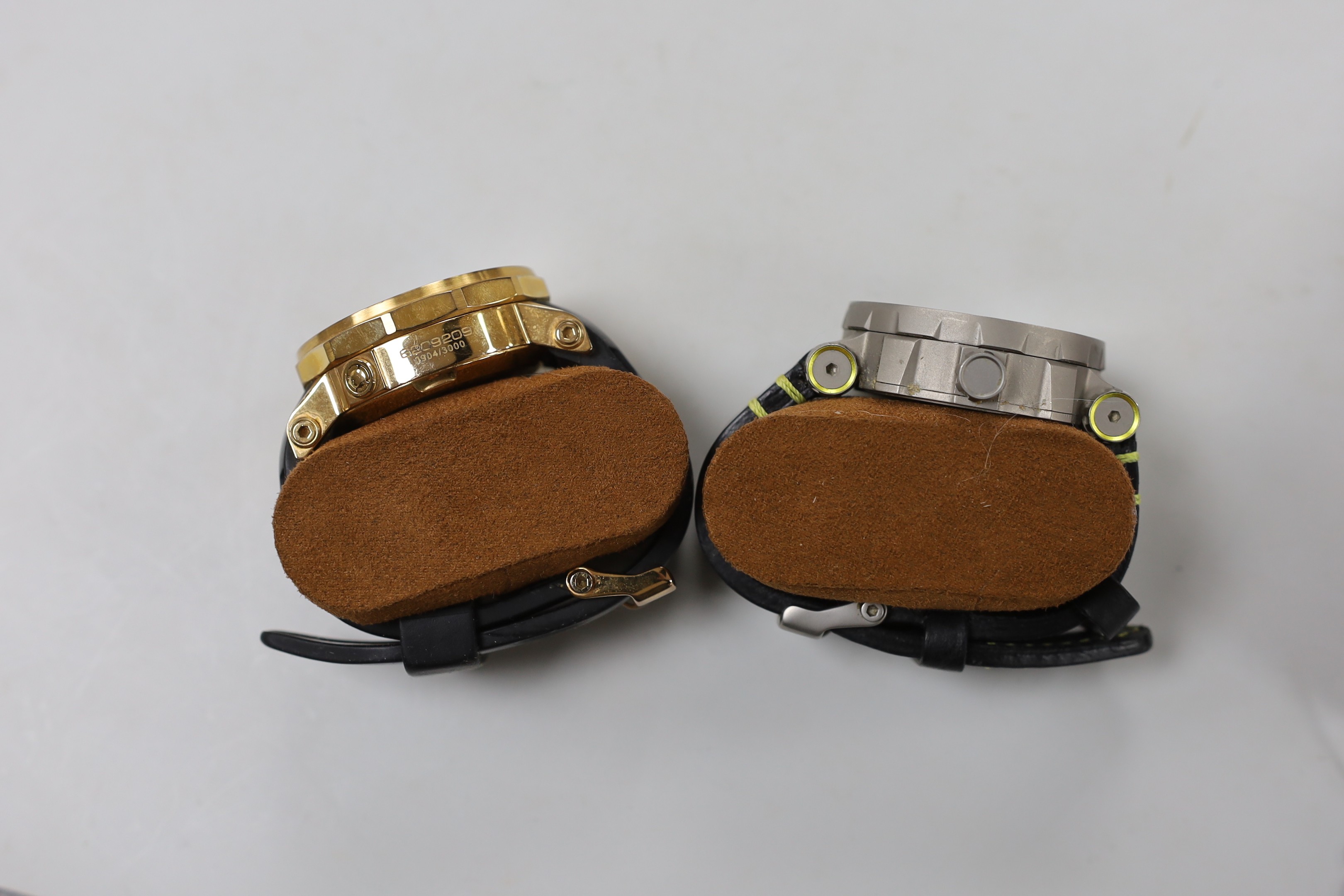 A gentleman's modern gilt steel Vostok Europe Lunokhod Helium valve automatic wrist watch and a titanium cased Vostok Europe Energia Rocket wrist watch.